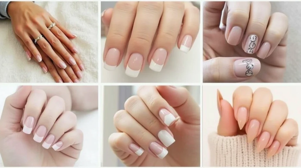 A minimalist, delicate display of short, clean-cut nails in a soft, natural palette. Muted hues of nude, beige, and pale pink paint the fingertips, accented by subtle geometric patterns and abstract shapes in matte finishes. Soft, diffused lighting illuminates the hands, showcasing the elegant, pared-down nail art designs. The composition focuses on the hands in a close-up view, emphasizing the simplicity and refinement of these chic, understated nail looks. Chic and simple short nail designs featuring minimalist patterns, French tips, and subtle geometric art on short, well-groomed nails.