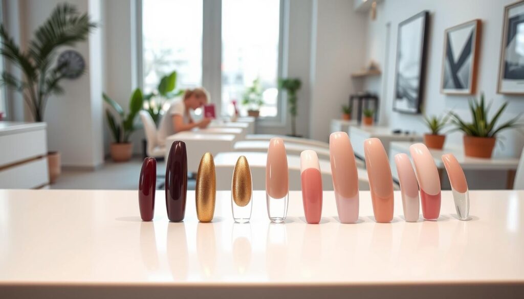 Trending nail shapes at a modern, upscale nail salon. A bright, airy space with natural light flooding through large windows. In the foreground, a variety of nail shapes are displayed on a sleek, white surface - almond, coffin, stiletto, oval, and square. The nails are painted in on-trend shades like deep burgundy, metallic gold, and pastel pink. In the middle ground, a manicurist works diligently, carefully shaping a client's nails. In the background, a minimalist, Scandinavian-inspired interior with potted plants and modern art on the walls. The overall atmosphere is one of relaxation, luxury, and the latest nail fashion. Trending nail shapes at a modern, upscale nail salon. A bright, airy space with natural light flooding through large windows. In the foreground, a variety of nail shapes are displayed on a sleek, white surface - almond, coffin, stiletto, oval, and square. The nails are painted in on-trend shades like deep burgundy, metallic gold, and pastel pink. In the middle ground, a manicurist works diligently, carefully shaping a client's nails. In the background, a minimalist, Scandinavian-inspired interior with potted plants and modern art on the walls. The overall atmosphere is one of relaxation, luxury, and the latest nail fashion.
