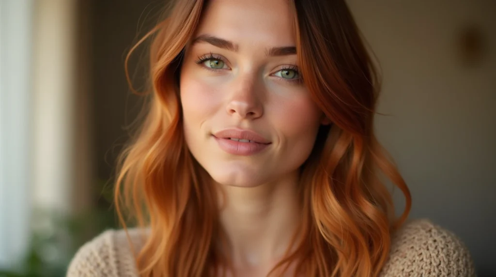 Realistic close-up of a woman with cowboy copper hair in natural waves and neutral-toned outfit