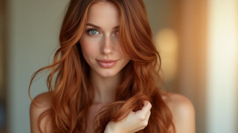 Woman with vibrant, shiny auburn hair, smiling confidently with a neutral background, highlighting healthy and glossy hair