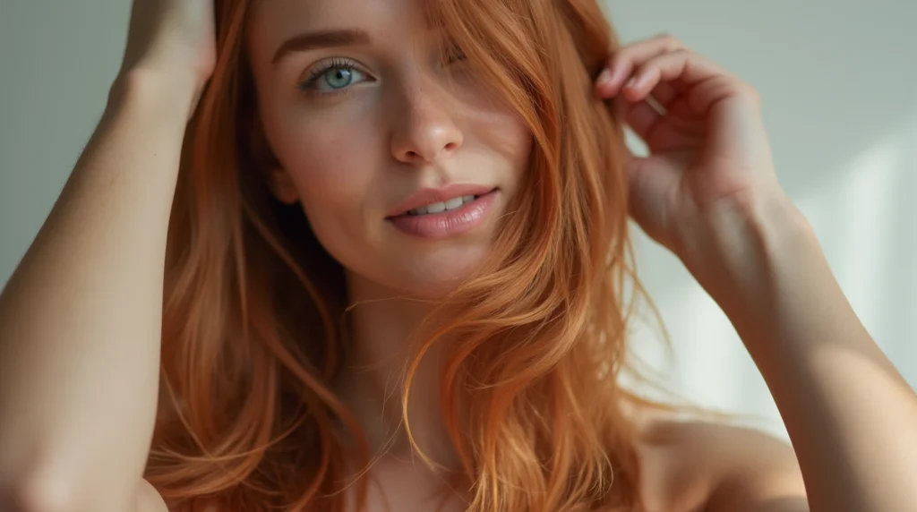 A confident woman with vibrant auburn hair stands in soft, warm lighting, her tresses shimmering with healthy shine. In the foreground, her smile radiates warmth as she models the rich, copper-tinged hues. The background features a minimal, neutral setting, allowing the focus to remain on the stunning hair color. Captured with a crisp, high-resolution lens, this image conveys the beauty and challenges of maintaining the alluring auburn shade. The brand name "styledbeautytips.com" is tastefully incorporated into the scene. Various hair care products for auburn hair, including shampoos, conditioners, and serums, with soft lighting highlighting their packaging.