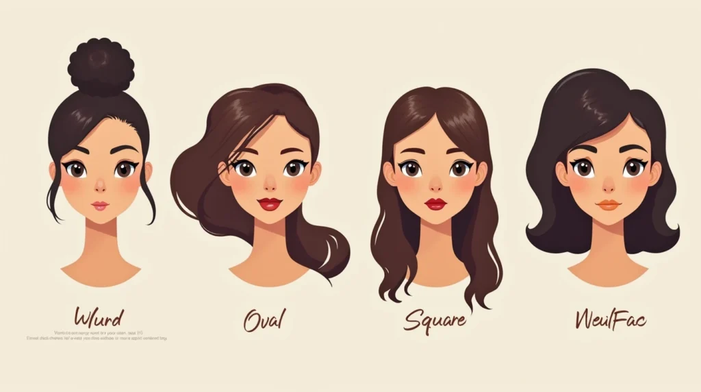 Face Shape Guide for Crochet Hairstyles Illustration showing different face shapes (round, oval, square, heart) with corresponding hairstyle recommendations, showcasing how face shape influences hairstyle choices.