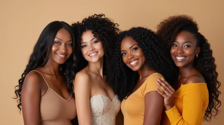 A diverse group of four women, each sporting a different crochet hairstyle, standing together against a warm, muted orange backdrop with a banner reading 'How to Choose the Best Crochet Hair Style for Your Face Shape.
