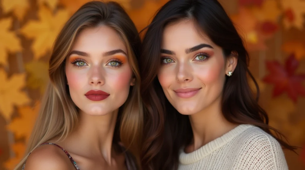A close-up view of a woman's lips showcasing the latest fall lipstick trends for 2024. The lips are the focal point, with a rich, velvety burgundy shade applied seamlessly across the pout. The lighting is soft and warm, creating a cozy, autumnal atmosphere. The background is blurred, allowing the lips to be the center of attention. The texture of the lipstick appears creamy and opulent, with a slight sheen that catches the light. The overall composition is elegant and sophisticated, capturing the essence of the seasonal makeup look. Two models showcasing cute fall makeup looks with warm-toned and neutral eyeshadows, berry lipstick, and glowing skin, set against a cozy autumn-inspired background