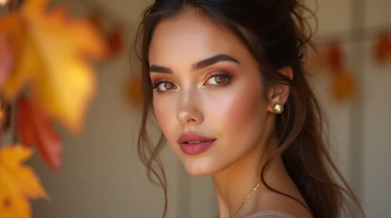 Model with cute fall makeup look featuring warm-toned eyeshadows, rust and gold hues, soft contouring, and berry lipstick, set against a cozy autumn background