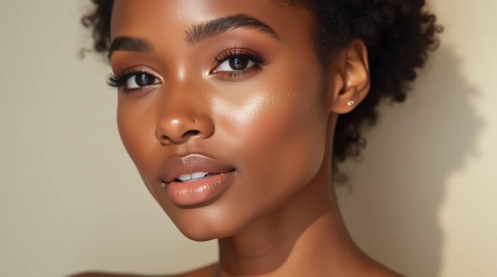 A stunning close-up of a pair of full, sensual lips in a range of luxurious bronzed lip colors. The lips are slightly parted, revealing a glimpse of a glossy, moisturized pout. The lighting is warm and flattering, casting a golden glow across the supple, bronzed skin. The composition is tight, focusing the viewer's attention on the alluring, deep-toned lip palette that effortlessly complements a dusky complexion. The mood is one of captivating, magnetic beauty - a celebration of the rich, dramatic tones that bring depth and drama to deeper skin tones. Close-up of a woman with dusky skin, applying a hydrating skincare product to her face with a glowing, natural makeup look, surrounded by skincare essentials.