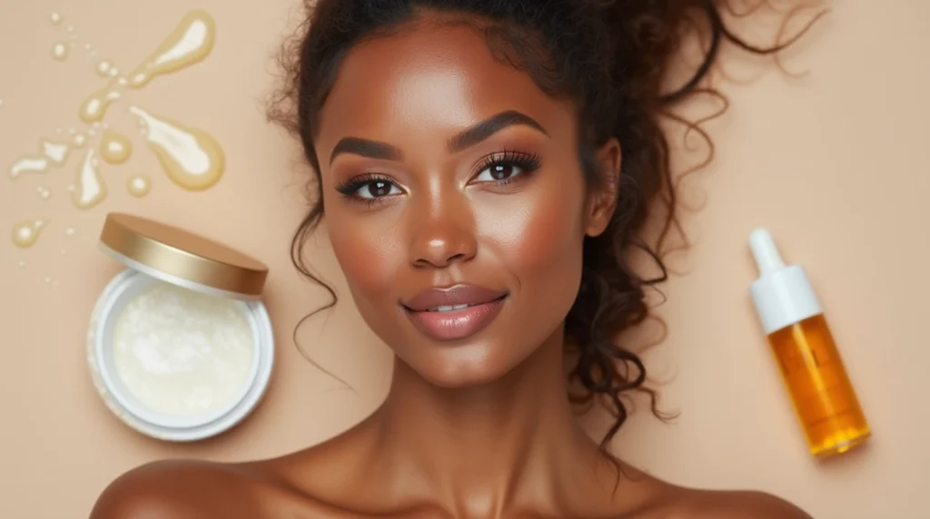 A vividly lit close-up shot of a dusky-skinned woman's face, seen from a slight angle, showcasing professional makeup techniques. The foreground features her face in soft focus, with delicate contours, a luminous complexion, and expertly applied foundation, highlighter, and blush that accentuate her natural features. The middle ground displays her eyes, subtly enhanced with a smoky eyeshadow palette and voluminous lashes. In the background, a soft, blurred gradient creates a sense of depth and atmosphere, conveying a high-end, editorial feel. The overall mood is elegant, radiant, and confidence-inspiring, capturing the essence of flawless, long-lasting makeup for dusky skin tones. Beautiful woman with dusky skin showcasing a glowing makeup look, with soft contouring, dewy finish, and a touch of natural glam
