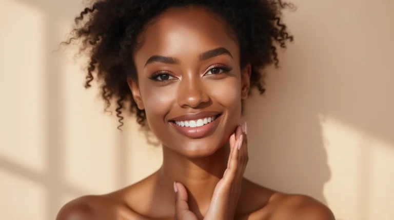 Confident woman with dusky skin, showcasing flawless makeup and glowing skin, with skincare products like serums and moisturizers in the background.