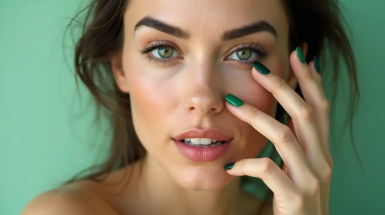 Close-up of a woman's hands showcasing nails painted in chic green nail polish shades, highlighting bold, trendy designs