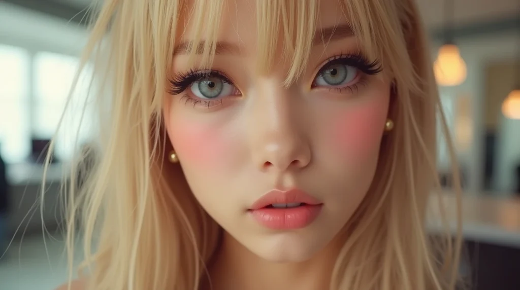A beautifully lit close-up shot of a woman's face, highlighting the intricate details of her gyaru-inspired makeup routine. The flawless foundation base is the focal point, showcasing a seamless, radiant complexion with a soft, luminous finish. The model's eyes are accentuated with bold, dramatic lashes, while her lips have a vibrant, glossy sheen. The lighting is soft and diffused, creating a warm, ethereal atmosphere that enhances the delicate features. The composition is tightly framed, drawing the viewer's attention to the artistry of the makeup application. The overall mood is one of glamour, confidence, and the exquisite execution of the gyaru aesthetic. Close-up of a girl with flawless gyaru makeup, featuring bold eye makeup, dramatic lashes, and bronzed skin, highlighting the signature gyaru look