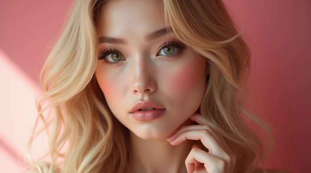 A close-up view of a woman's face, with a focus on her lips. The lips are painted in a vibrant, shimmering pink color, with a precise line outlining the shape. The lipstick has a glossy, high-shine finish, creating a youthful and playful appearance. The lighting is soft and diffused, casting a warm glow on the subject's face, accentuating the delicate features. The background is blurred, keeping the attention on the intricate details of the lip makeup. The overall atmosphere is one of elegance and sophistication, showcasing the artistry and technique of the Gyaru-inspired lip makeup style. Close-up of a girl with striking gyaru makeup, featuring large, dramatic eyes, bold eyeliner, and a glowing, bronzed complexion, highlighting the gyaru beauty style
