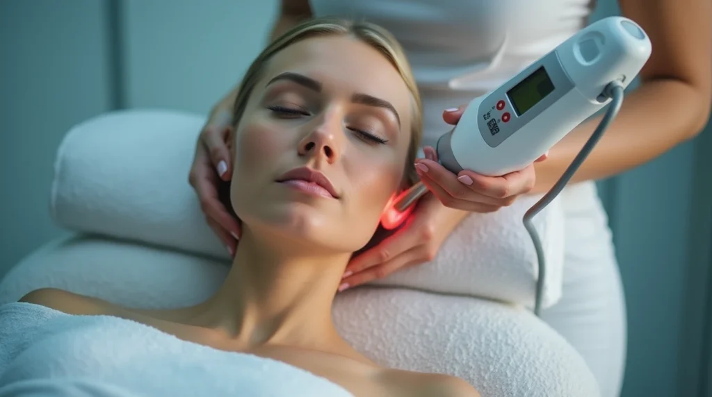 A sleek, modern infographic depicting the cost breakdown of laser skin tightening procedures. The foreground features a clean grid layout with labeled cost categories like consultation fees, treatment sessions, and any additional expenses. The middle ground showcases a high-resolution product shot of a state-of-the-art laser device, depicted in a clinical yet elegant manner. The background is a soft, muted gradient in soothing shades of blue and gray, evoking a sense of professionalism and medical expertise. Subtle highlights and shadows enhance the depth and dimensionality of the scene. The overall aesthetic is minimalist, data-driven, and visually engaging, perfectly suited to illustrate the "Cost and Treatment Sessions" section of the skincare technology article. Close-up of a person undergoing a laser skin tightening procedure, with advanced equipment and smooth, youthful skin visible