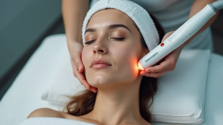 Person receiving laser skin tightening treatment in a modern clinic, showcasing smooth, youthful skin and advanced technology in use