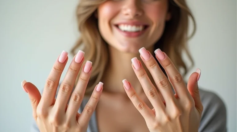 Close-up of a woman with long, glossy nails, showcasing a flawless manicure with a natural, elegant finish