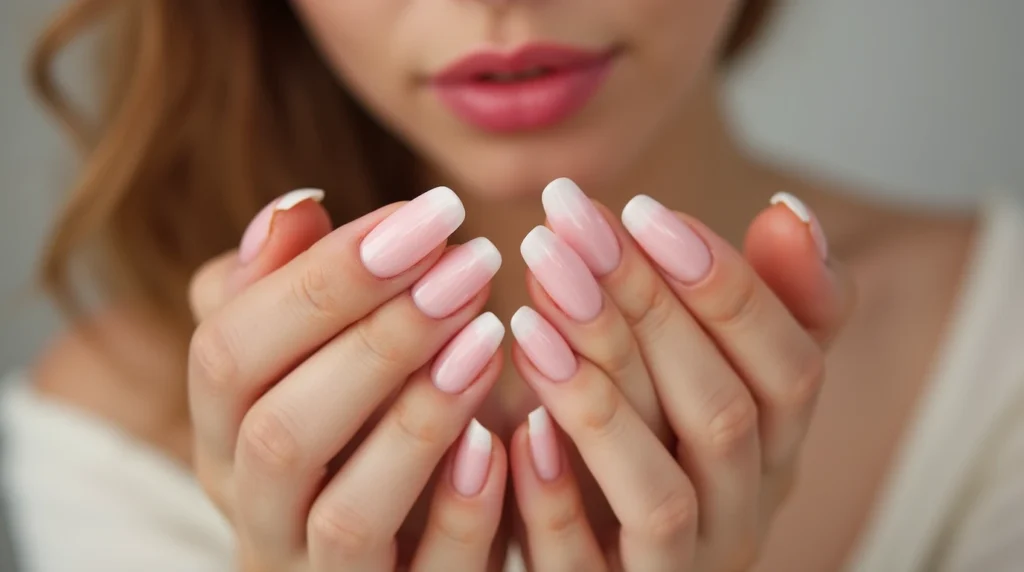 A detailed close-up shot of a woman's hands gently applying a nail strengthening serum or oil, highlighting the natural nail structure and cuticles. The nails should appear healthy, long, and well-groomed, against a soft, diffused background that emphasizes the focus on nail care. The lighting should be warm and flattering, capturing the subtle reflections and textures of the nails and skin. The overall mood should convey a sense of care, attention, and the transformative power of proper nail strengthening techniques. Close-up of a woman confidently showing off her long, perfectly manicured nails with a glossy finish, highlighting their elegant shape and length