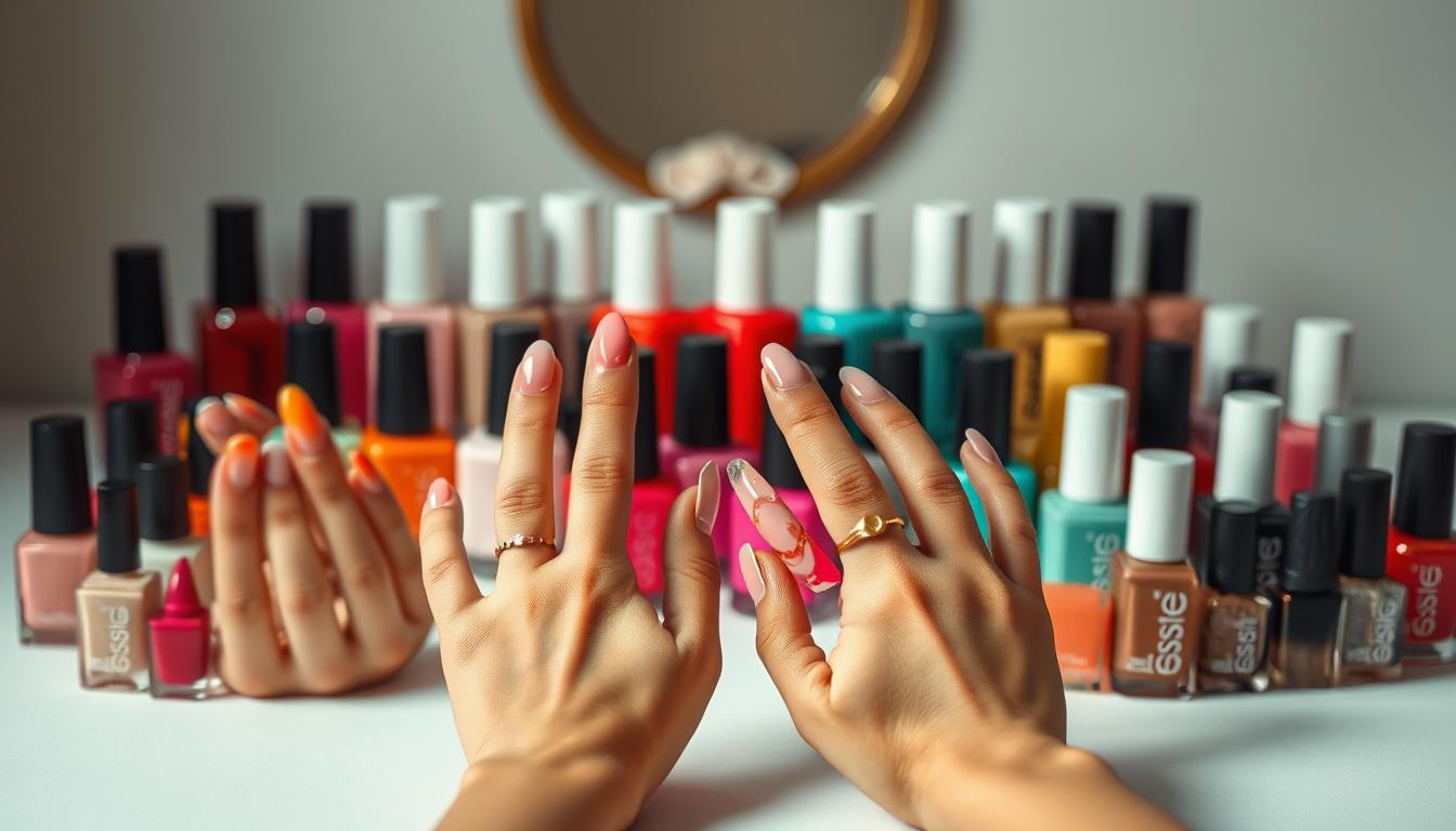 A variety of popular nail shapes, including almond, coffin, and oval nails, displayed on hands with different skin tones and nail lengths.