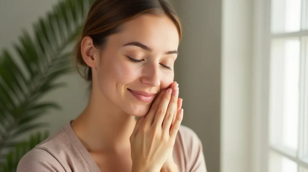 A young woman with a radiant, healthy-looking complexion gazes thoughtfully at the camera, her face illuminated by soft, diffused lighting. Her skin has a warm, slightly flushed tone, hinting at the hydration and nourishment it has received. In the background, an array of skincare products, including serums, moisturizers, and facial tools, suggests the strategies she employs to maintain her balanced, glowing skin. The overall mood is one of calm, self-care, and a sense of inner and outer harmony. Person with ruddy skin applying a soothing serum to restore balance and achieve a natural glow, with a calming skincare routine in a peaceful setting.