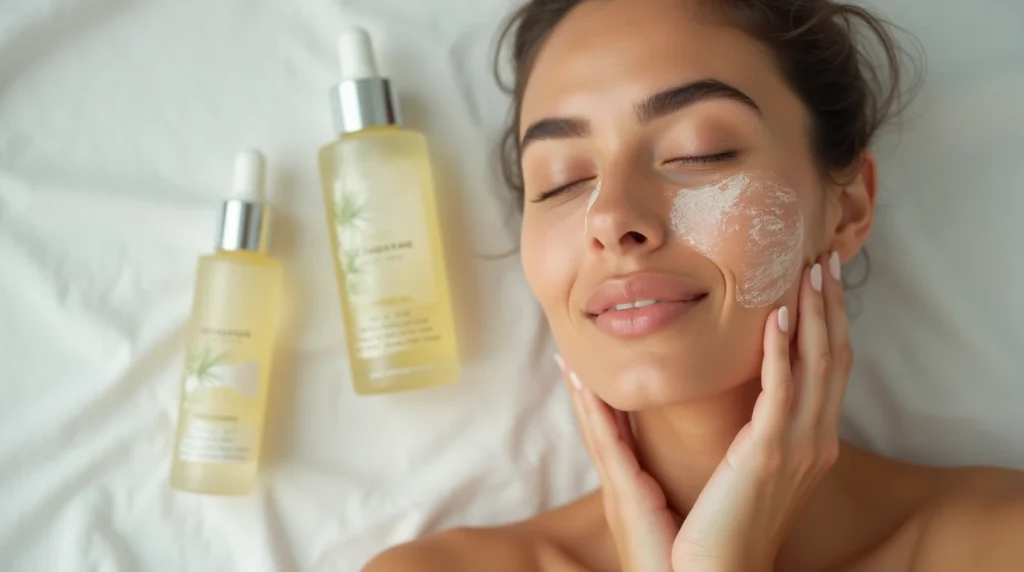 A beautifully lit, close-up photograph of an assortment of natural skin brightening ingredients arranged artfully on a rustic wooden surface. In the foreground, there are slices of fresh lemon, a handful of oatmeal, a mortar and pestle with crushed turmeric, and a bowl of honey. In the middle ground, a sprig of lavender and a small glass jar of rosehip oil stand out against the warm, earthy tones of the background. The lighting is soft and diffused, creating a calming, natural atmosphere that highlights the vibrant colors and textures of the natural skincare remedies. Close-up of a woman with sallow skin using a brightening serum, showing a radiant and refreshed complexion with skincare products like oils and creams in the background