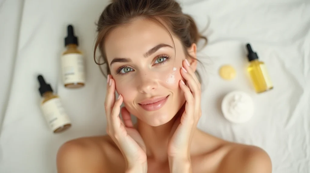 A serene bathroom setting with a focus on skin hydration techniques. In the foreground, a woman's hands gently applying a luxurious moisturizer to her glowing, healthy skin. The middle ground features an array of hydrating skincare products like facial oils, sheet masks, and a reusable water bottle. The background showcases a peaceful, spa-like atmosphere with soft lighting, natural textiles, and lush greenery. The overall mood is one of relaxation, self-care, and the connection between skin hydration and overall skin health. Model with sallow skin applying a brightening skincare product, showcasing radiant and glowing skin with visible serums and moisturizers in the background