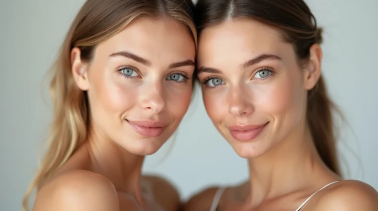 Two women with dull skin applying skincare products, showcasing a revitalization process with radiant, glowing skin in soft, natural lighting