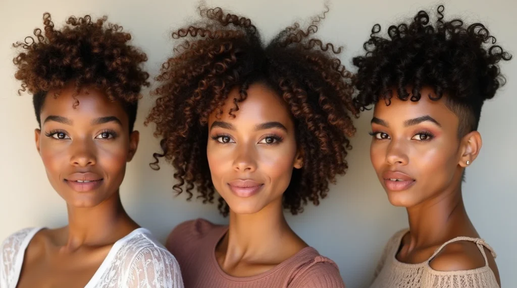 A vibrant collection of short curly hairstyles, perfectly capturing the essence of the "Effortlessly Beautiful: The Complete Guide to Perfect Short Curly Hair" article. In the foreground, a model with tight, voluminous curls styled into a chic, asymmetrical bob, bathed in soft, natural lighting that accentuates the texture and shine. In the middle ground, a variety of other models showcasing different short curly haircuts, from a messy, tousled pixie to a sleek, angled lob. The background is a minimalist, clean studio setting, allowing the focus to remain on the diverse range of stunning short curly hairstyles. Group of women with different short curly haircuts, each showcasing unique curl patterns and styles like a pixie cut, curly bob, and tapered curls, standing together with a soft, neutral beige backdrop.