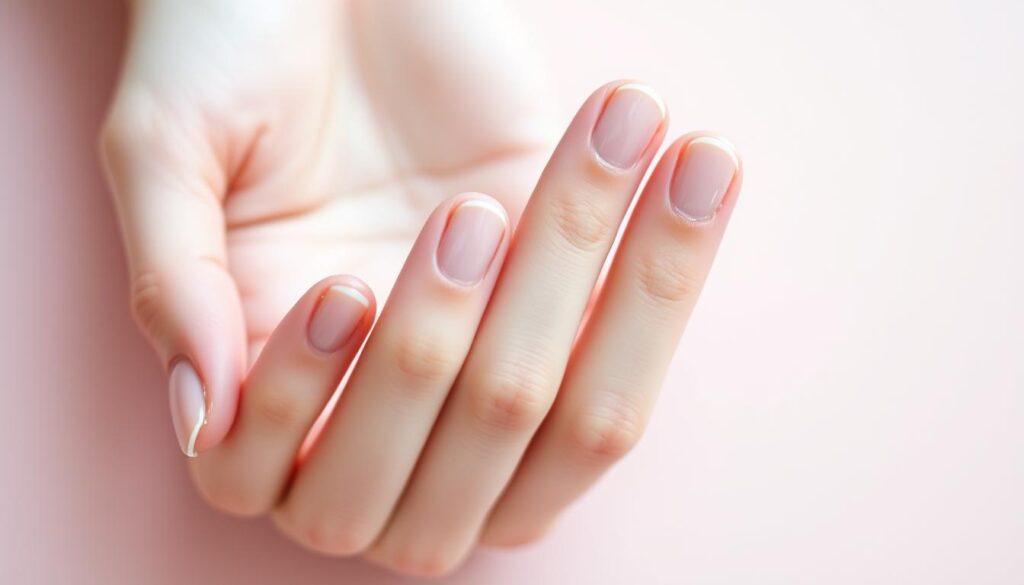 A professional, well-lit studio setting with a manicured hand resting on a clean, minimalist surface. The hand has short, neatly trimmed nails painted with a subtle, neutral-toned polish. The background is out of focus, creating a serene, elegant atmosphere. The lighting is soft and flattering, highlighting the delicate details of the hand and nails. The composition is carefully arranged to showcase the hand in a visually appealing, almost editorial manner, conveying a sense of refinement and attention to detail associated with professional nail care for short nails. short nails