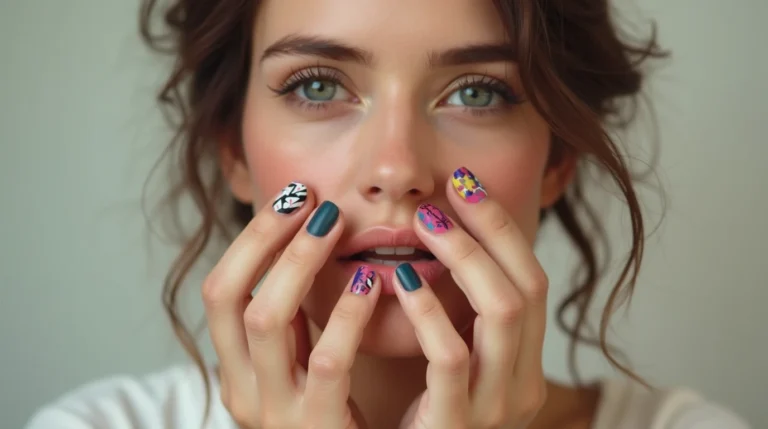 Close-up of a woman’s short nails with bold geometric designs and vibrant colors, showcasing a chic and stylish manicure
