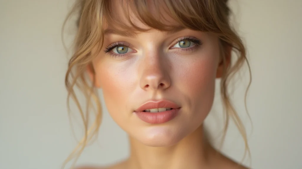 A close-up portrait of Taylor Swift, showcasing her natural, makeup-free features. Soft, diffused lighting illuminates her flawless skin, with a hint of natural freckles visible. The camera captures her in a relaxed, candid moment, her expression serene and her gaze directed towards the viewer. The background is a simple, muted tone that allows the focus to remain on her face. The image conveys a sense of authenticity and vulnerability, highlighting the beauty of Taylor's natural look. Close-up of a woman with a fresh, glowing complexion, showcasing a natural inspired Taylor Swift no makeup look