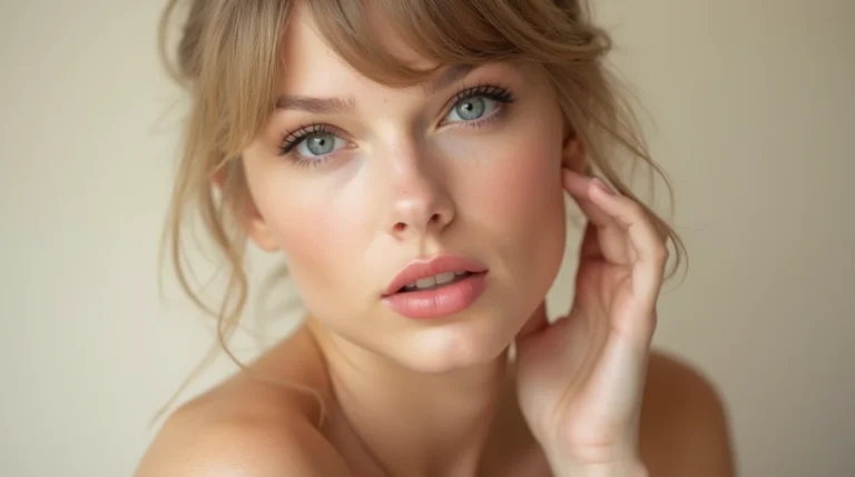 Realistic image of a woman with natural glowing skin, showcasing a fresh, radiant no makeup look inspired by Taylor Swift